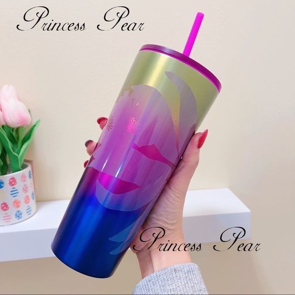 5 / $100 Starbucks 2022 Metal Ombre Floral 24 oz Tumbler Purple Lid w/ straw